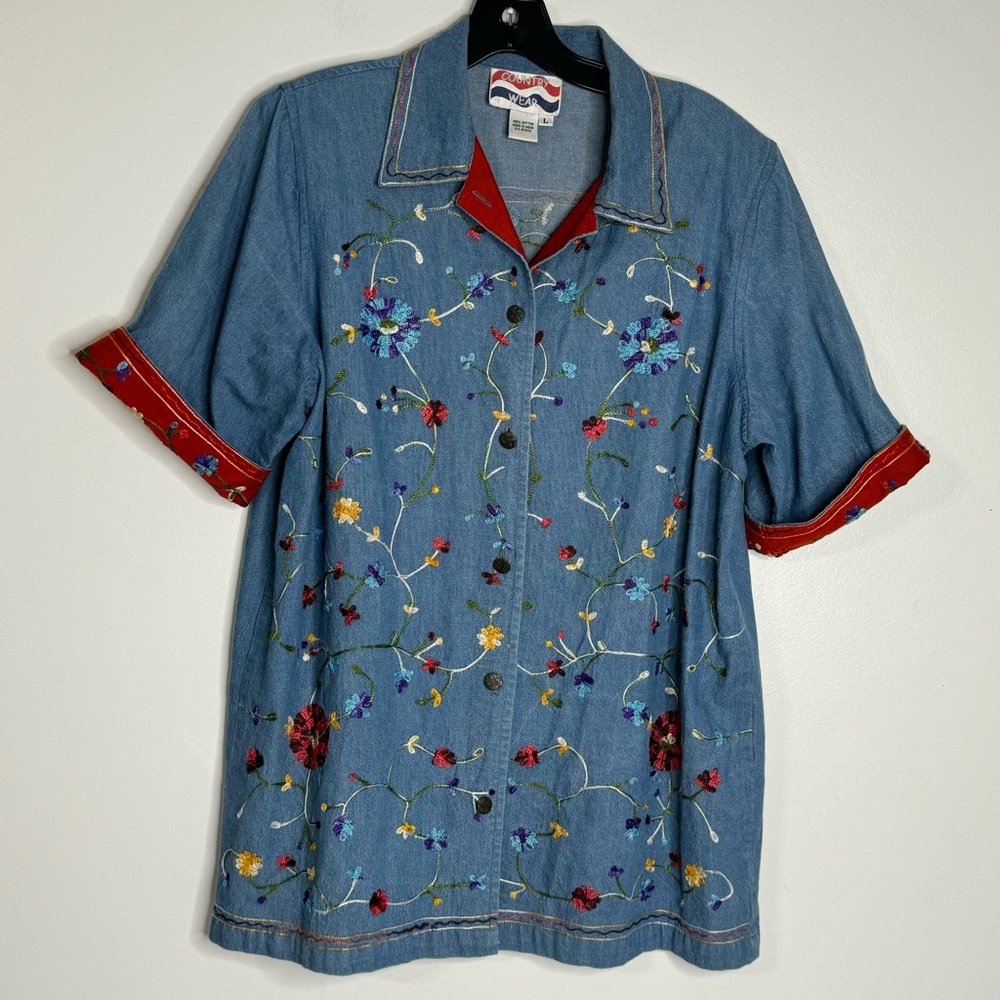 Country Wear Embroidered 100% Cotton Denim Short Sleeve Button Front Blouse
